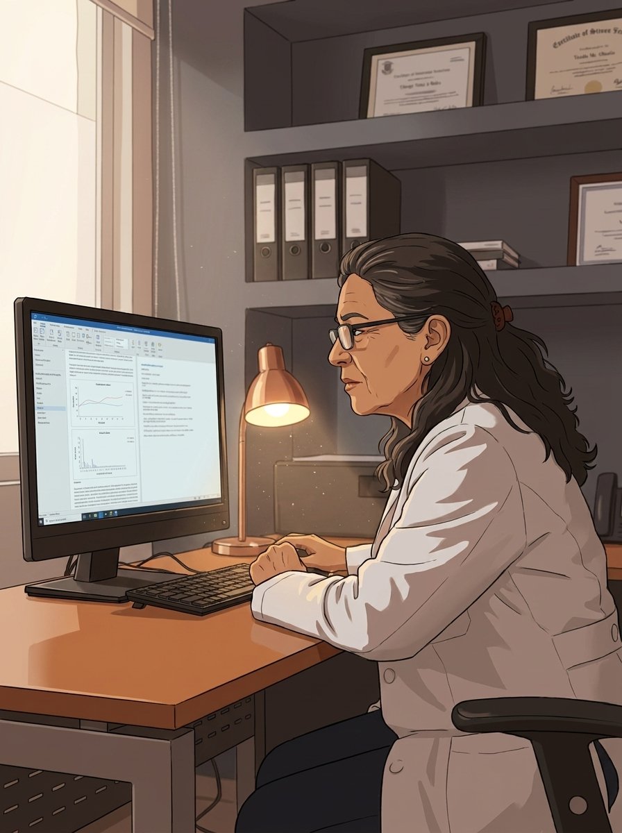 Consultorio médico con una especialista revisando el expediente en pantalla