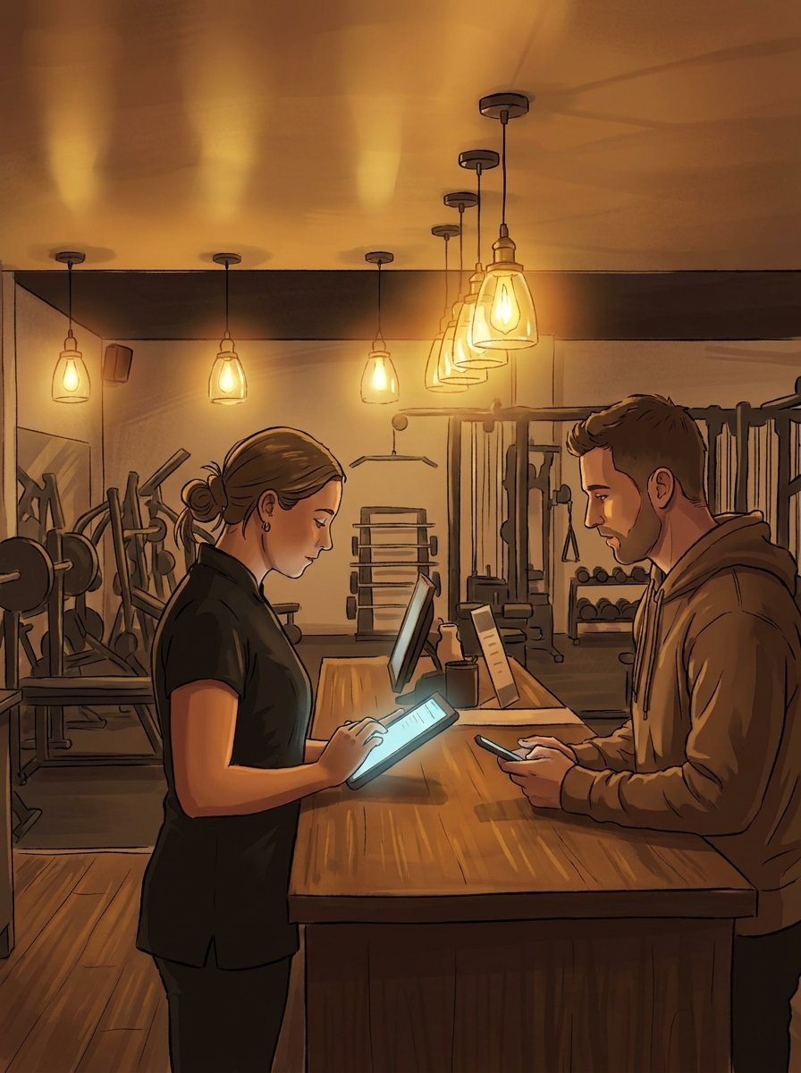 Recepción de un gimnasio registrando la entrada de un socio